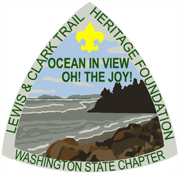 Triangular patch with the text 'Lewis & Clark Trail Heritage Foundation, Washington State Chapter, Ocean in view, Oh! The Joy'