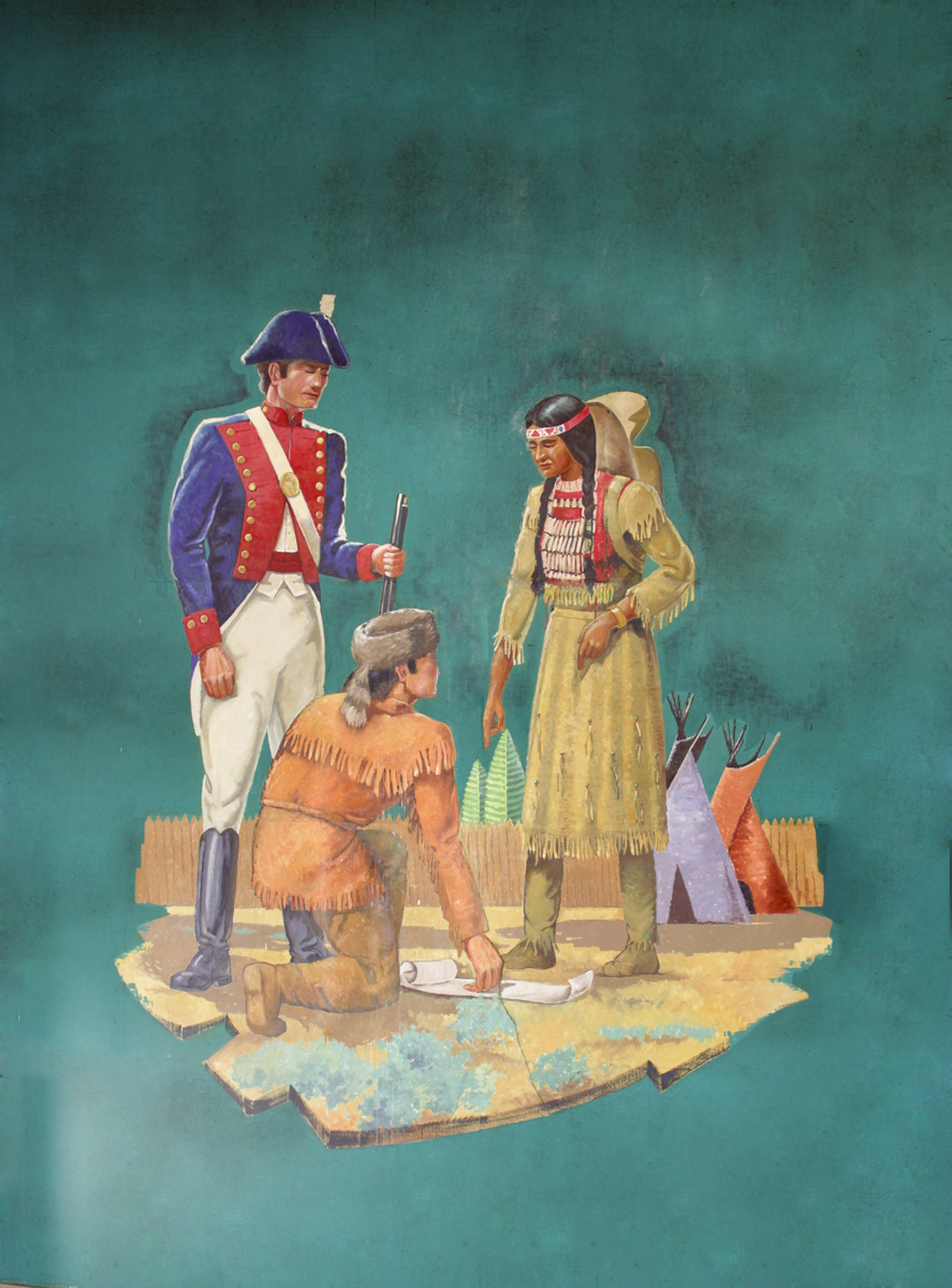 painting of Sacagawea talking to the captains